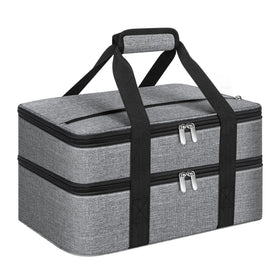 MIAOJIE double insulated casserole carrier exterior shows 16x10x4 inch size for 9x13 dishes.