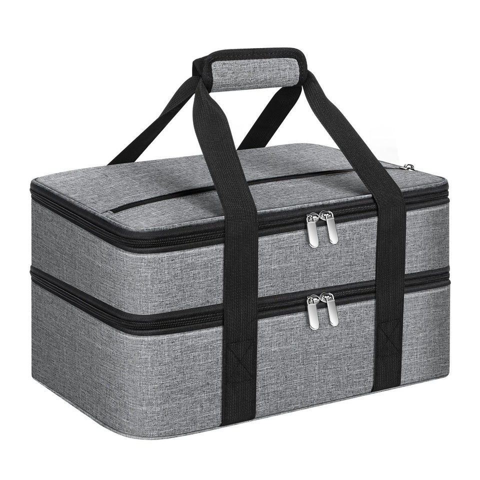 MIAOJIE double insulated casserole carrier exterior shows 16x10x4 inch size for 9x13 dishes.