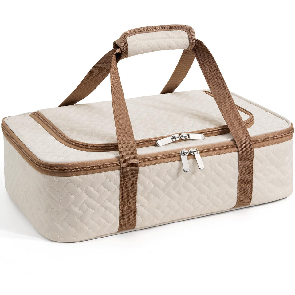 MIAOJIE insulated casserole carrier beige front view keeps meals warm or cool