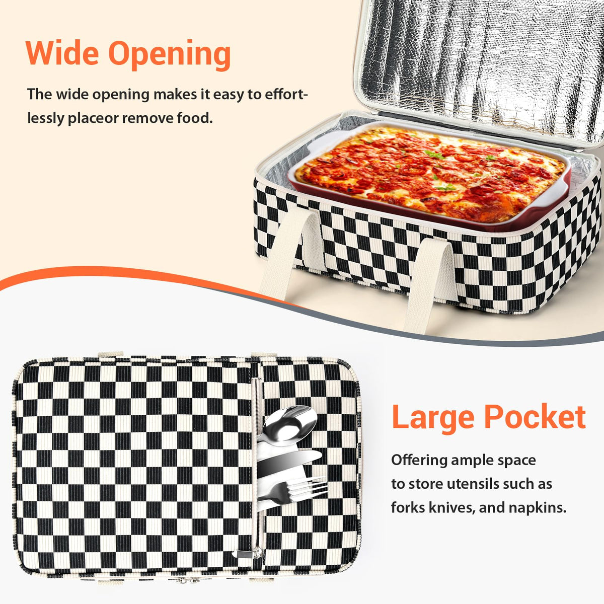 Exterior pocket stores utensils and napkins for convenience.