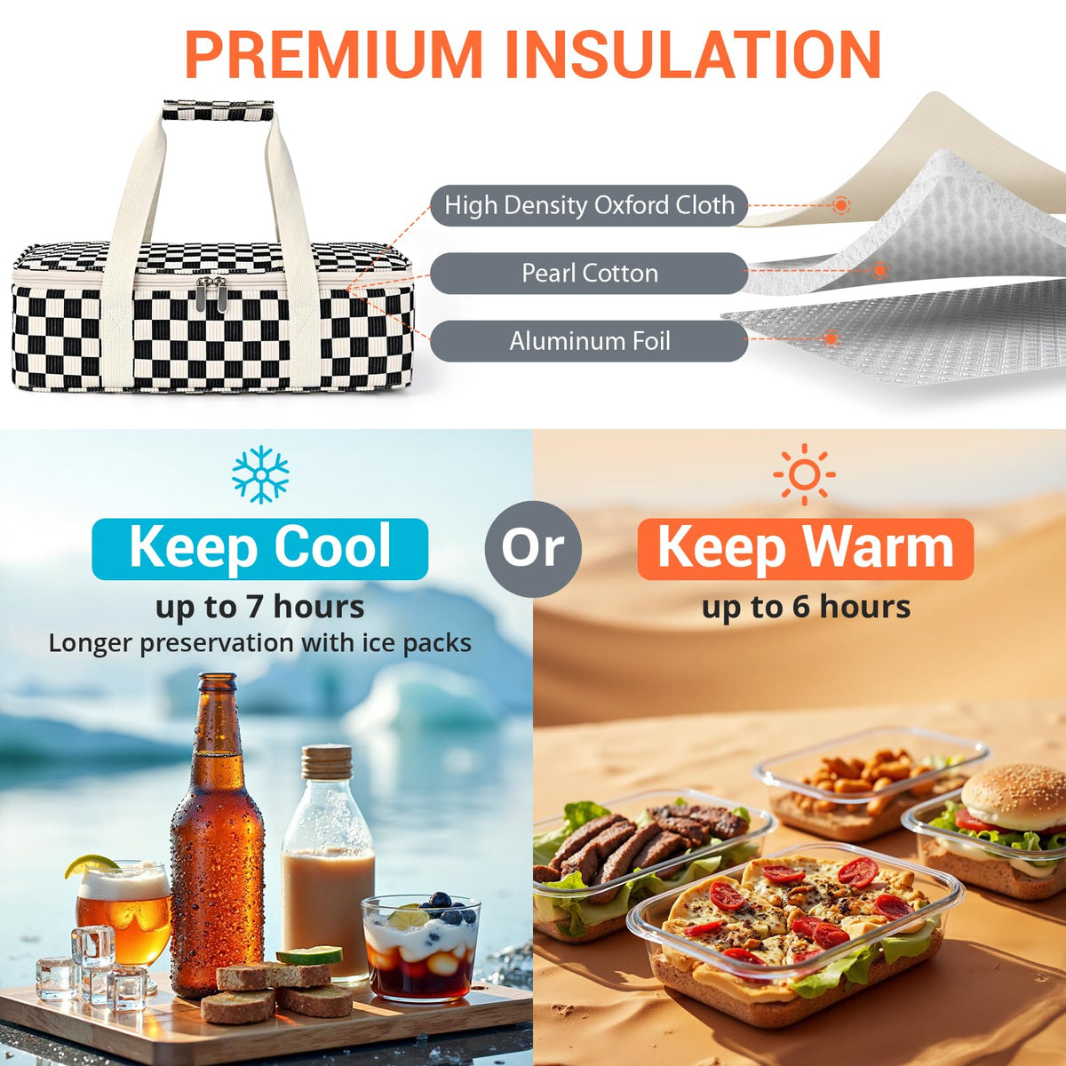 Carrier fits standard 9x13 to 11x15 baking dishes for transport.