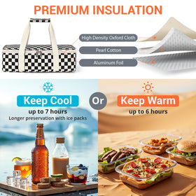 Carrier fits standard 9x13 to 11x15 baking dishes for transport.