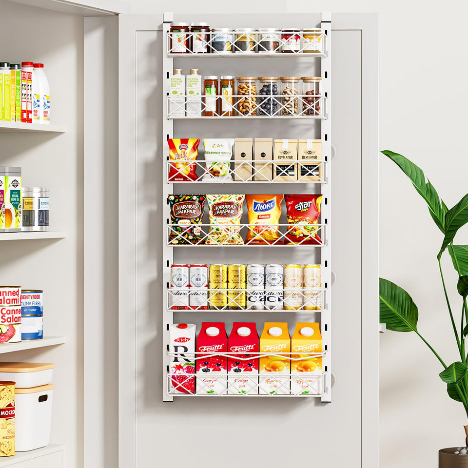 MIAOLI 6-tier over-the-door organizer mounted on a pantry door for efficient storage.