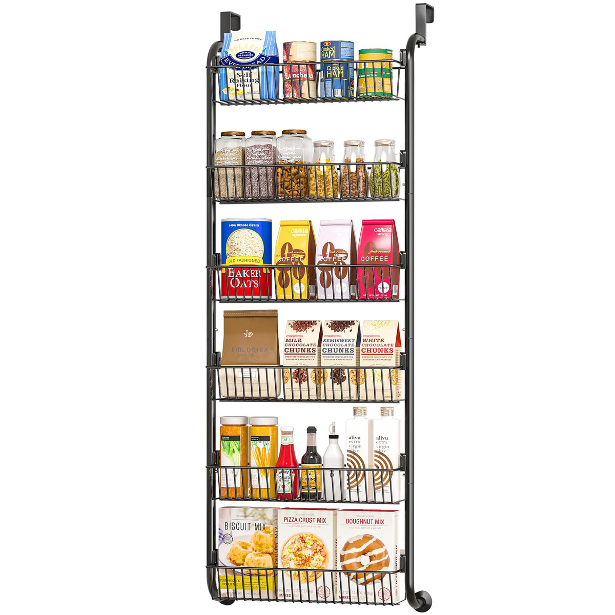 MIAOLI over-the-door spice rack demonstrates organized six-tier storage for easy access.