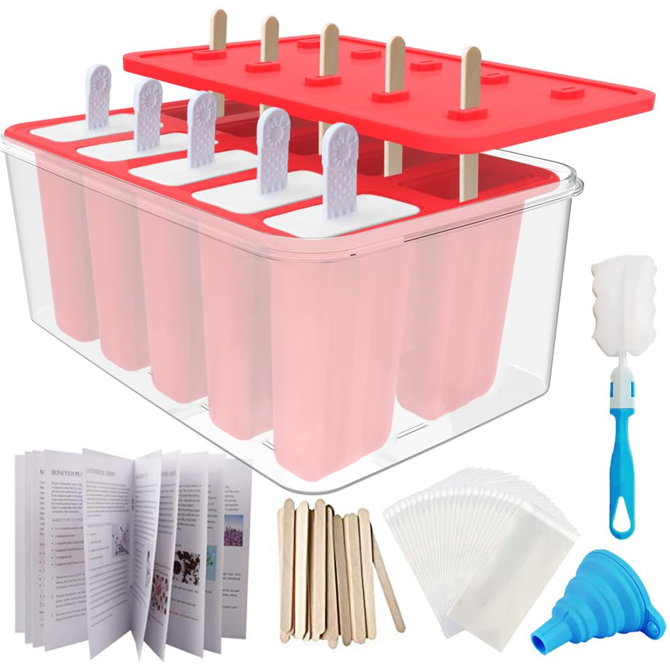 Miaowoof 10-cavity silicone popsicle molds with a red bin for batch prep.