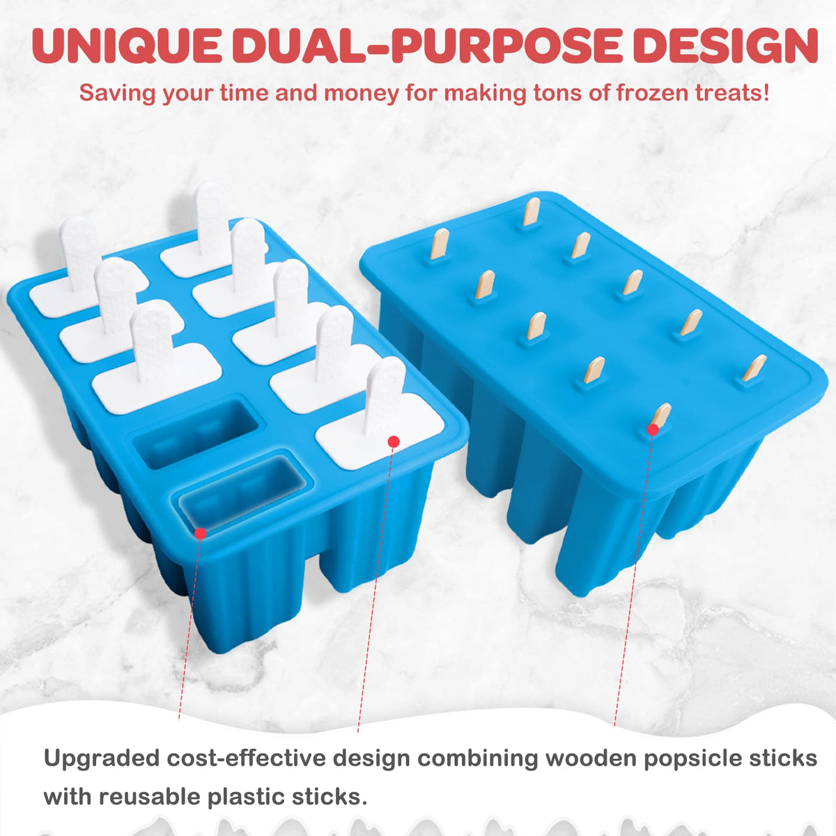 Miaowoof reusable ice pop sticks in blue, durable for many batches.