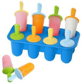 Miaowoof silicone popsicle molds showing 8 blue cavities for toddler snacks