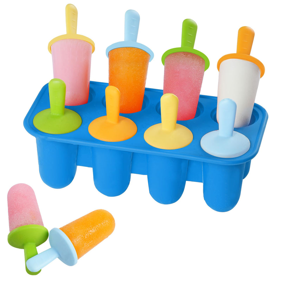 Miaowoof silicone popsicle molds showing 8 blue cavities for toddler snacks