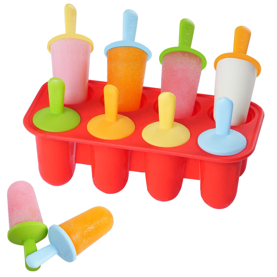 Miaowoof silicone popsicle molds with 8 cavities in red, toddler-friendly and easy to remove.