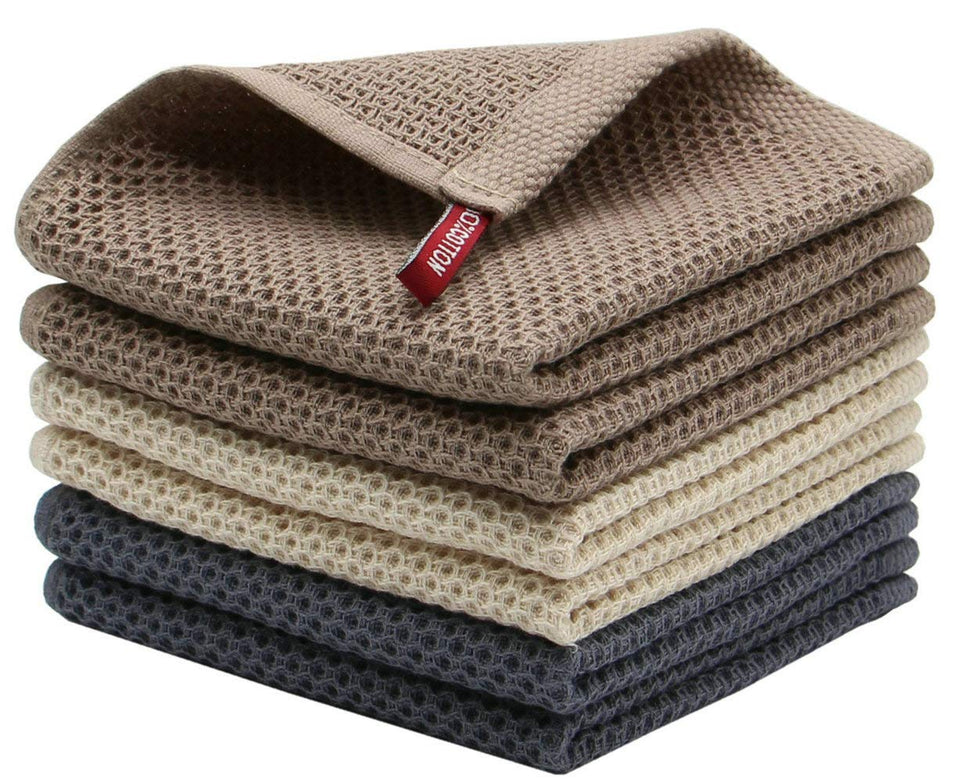Mia'sDream cotton dish towels folded neatly demonstrate the compact set and color variety for quick drying.
