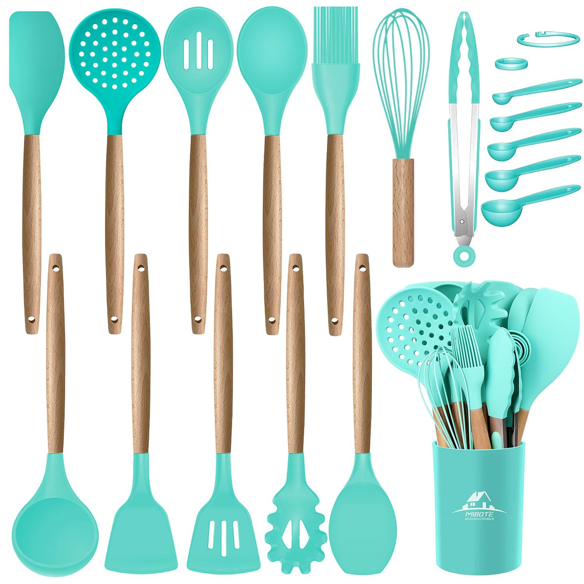 MIBOTE silicone utensils in teal with holder protects nonstick pans.