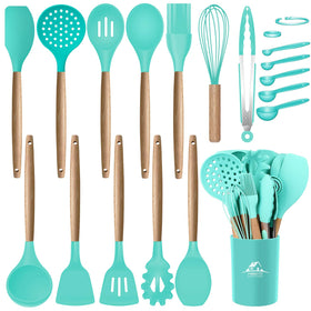 MIBOTE silicone utensils in teal with holder protects nonstick pans.