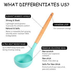 MIBOTE teal silicone slotted spatula for draining and turning foods.