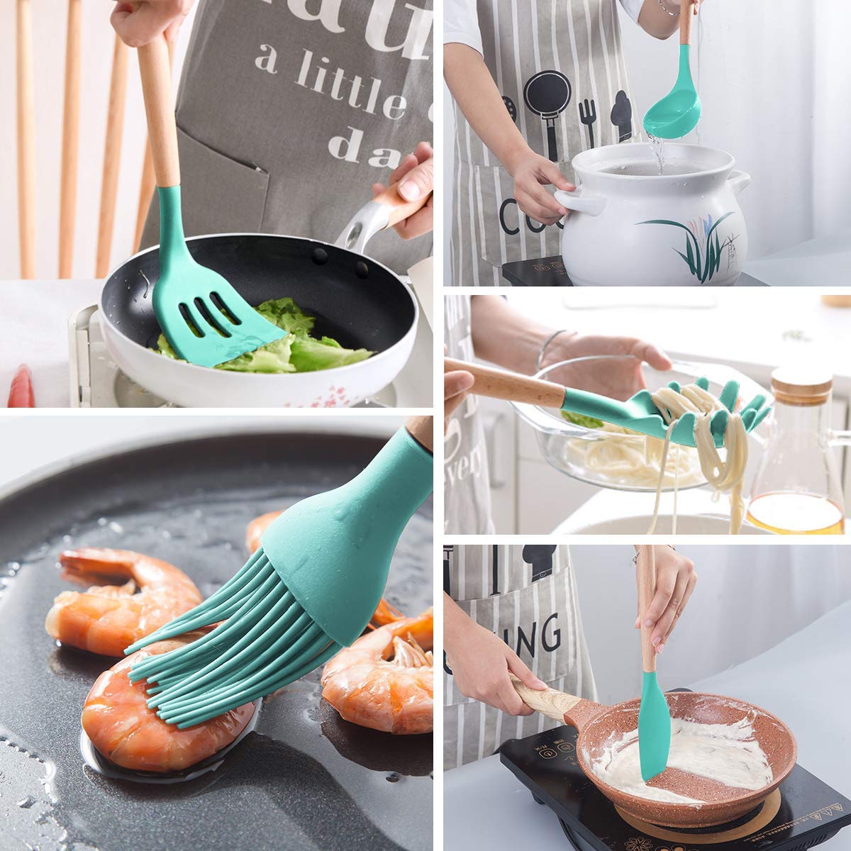 MIBOTE teal silicone turner with comfortable wooden handle.
