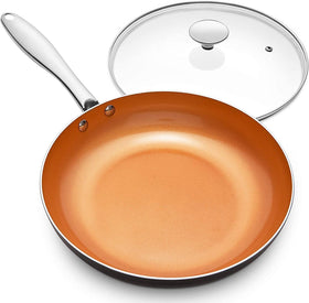 Michelangelo 12-inch copper frying pan with lid showing even heat distribution.