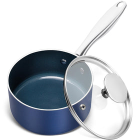 MICHELANGELO 1qt saucepan with lid, blue exterior for easy nonstick cooking