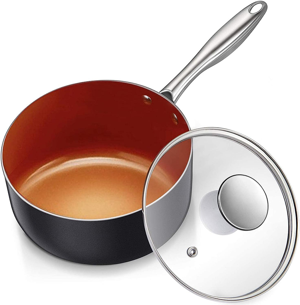Michelangelo 1 Qt copper saucepan with lid exterior shows even heat distribution for quick sauces.
