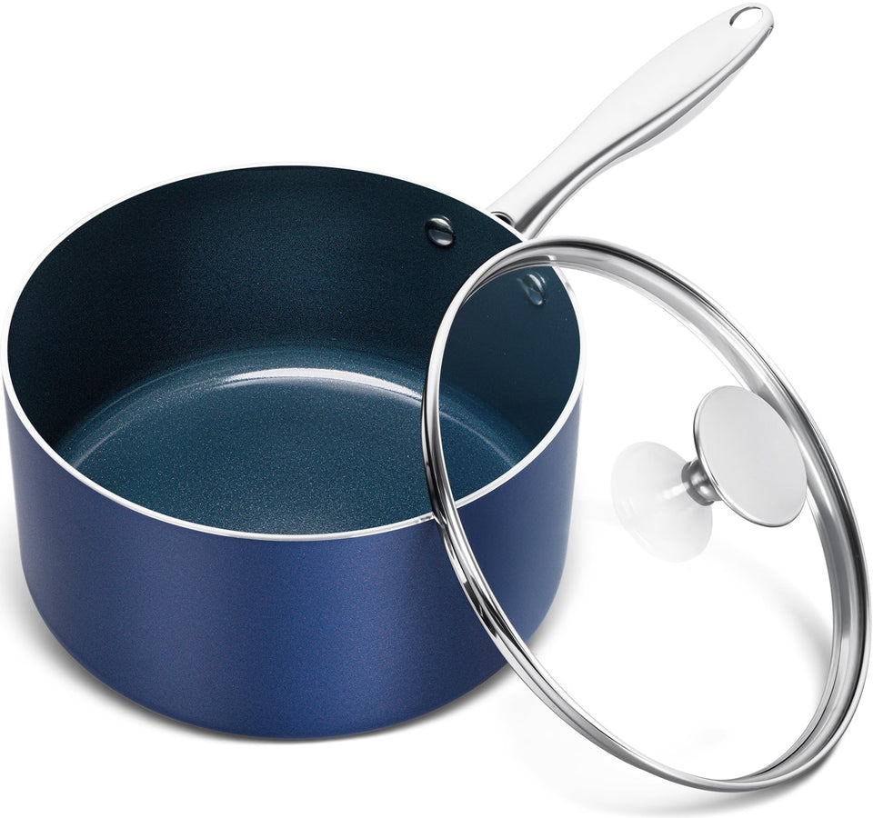 Michelangelo 3qt blue saucepan with lid; nonstick ceramic surface for easy meals.