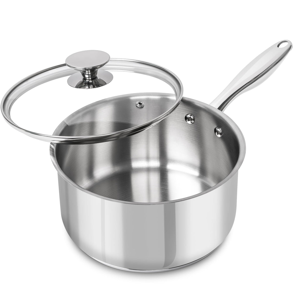 Michelangelo 3Qt saucepan with glass lid preserves flavor while simmering sauces.