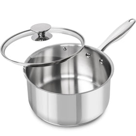 Michelangelo 3Qt saucepan with glass lid preserves flavor while simmering sauces.