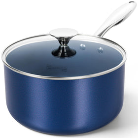 Michelangelo 4 Qt saucepan with blue lid visible for everyday cooking versatility.