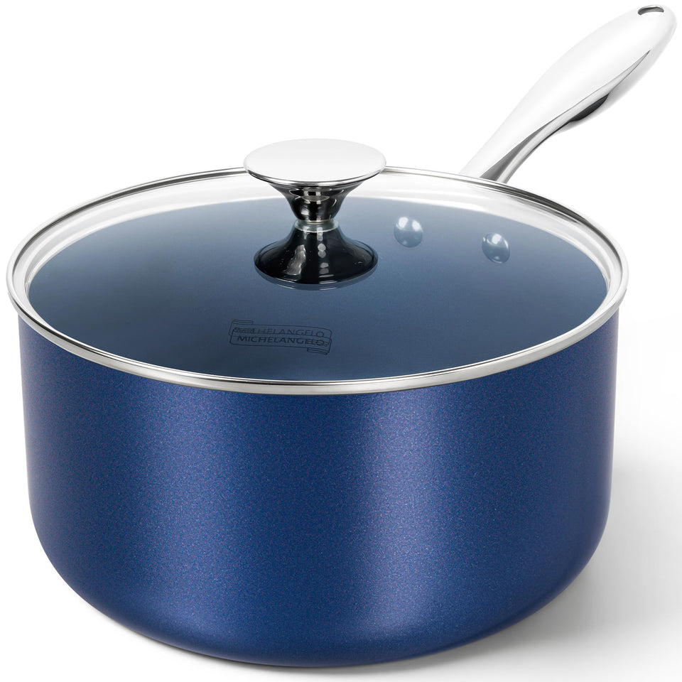 Michelangelo 4 Qt saucepan with blue lid visible for everyday cooking versatility.