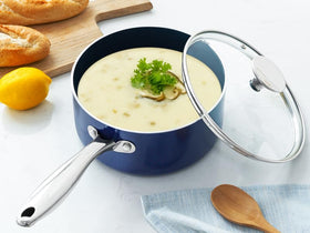 Michelangelo 4 Qt saucepan ceramic nonstick coating for easy release.