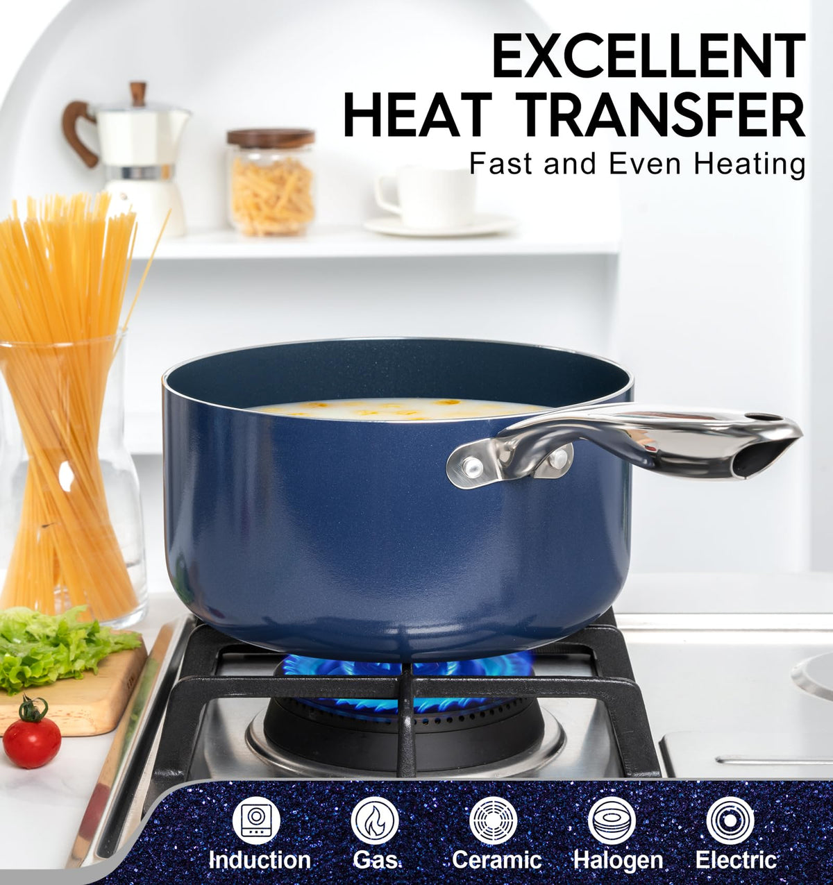 Michelangelo 4 Qt saucepan stainless handle for comfortable control.