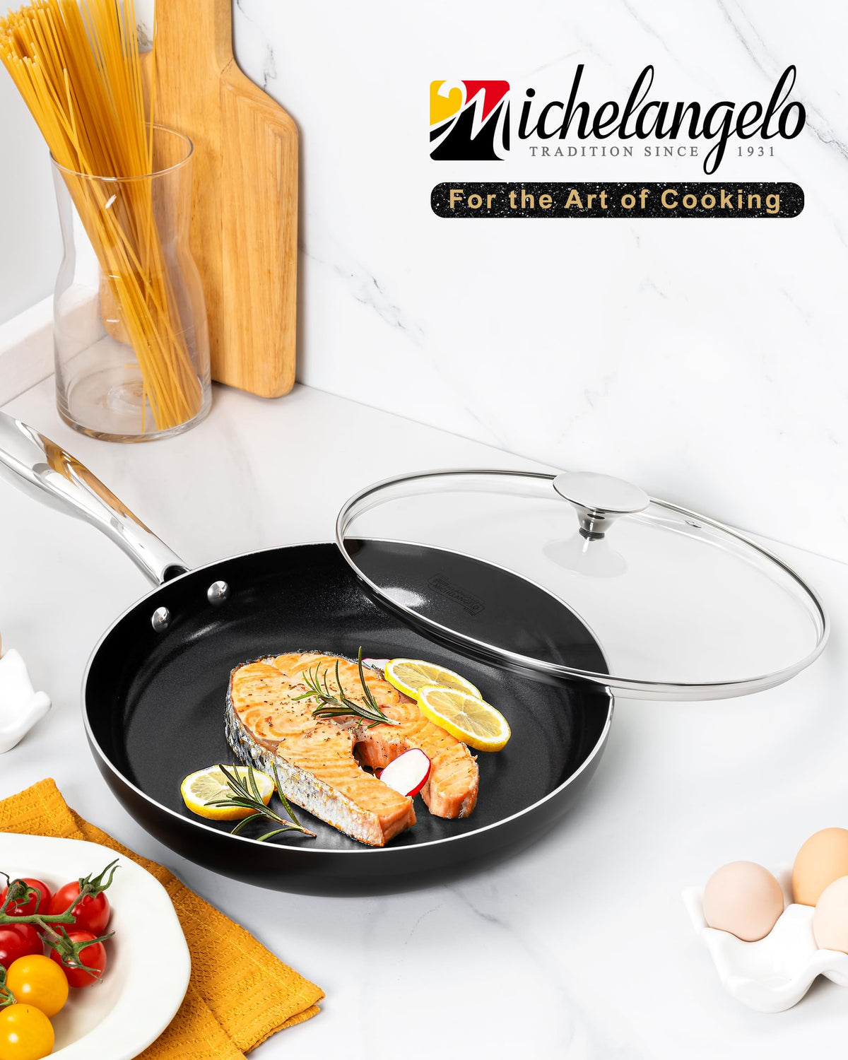 Michelangelo pan compatible with induction and other cooktops.