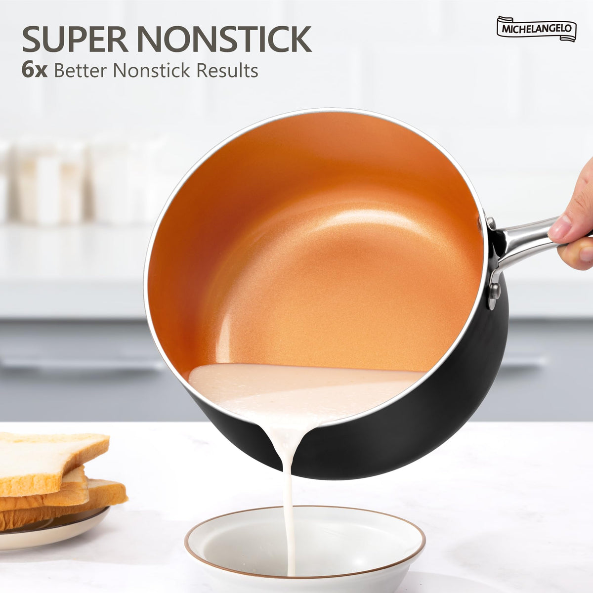 Michelangelo ceramic nonstick interior enables easy release and cleanup after cooking.