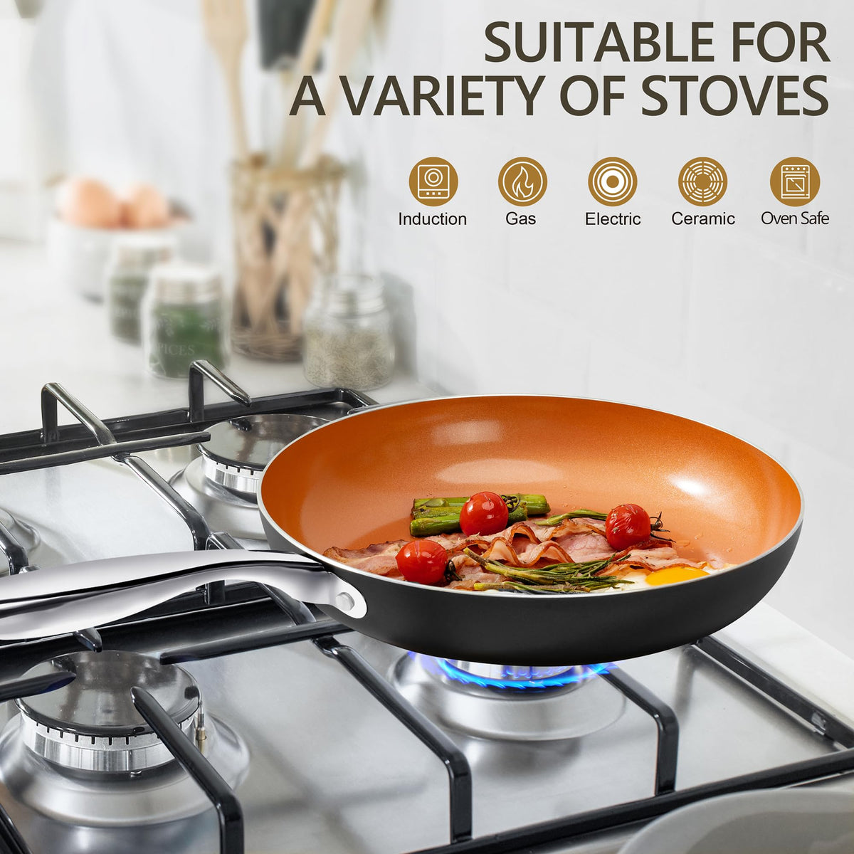 Long stainless steel handle on the MICHELANGELO pan for a secure grip.