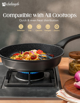 Michelangelo frying pan on stovetop shows versatile compatibility.