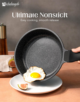 Michelangelo frypan handle close-up showing cool-grip, heat-resistant wrap for safe grip.