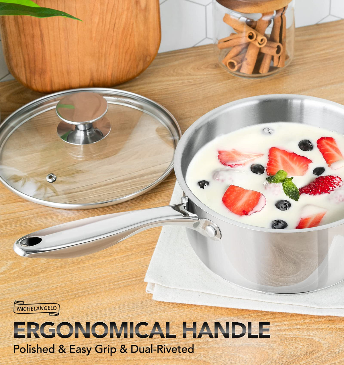 Michelangelo glass lid close-up monitoring flavor and moisture