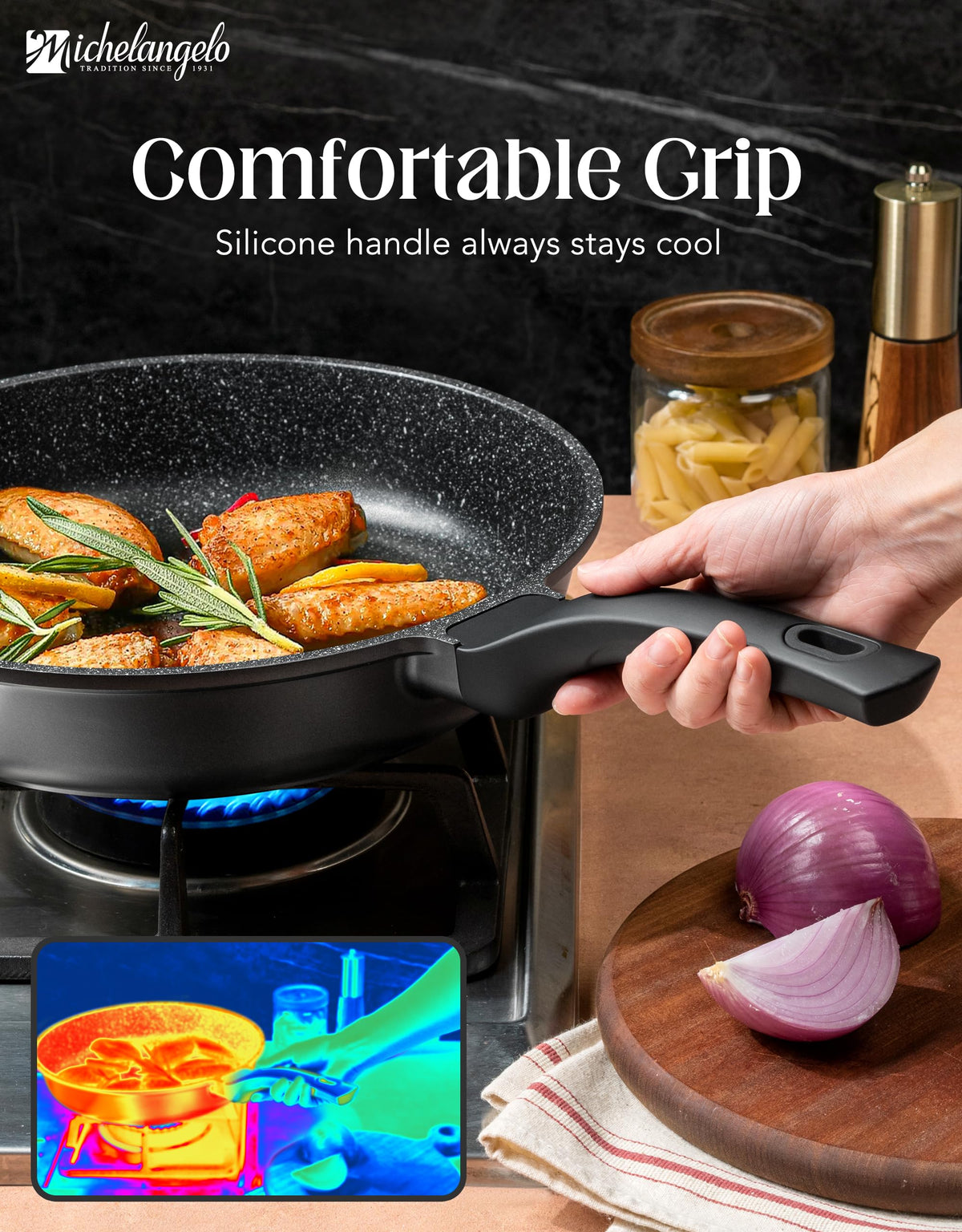 MICHELANGELO pan compatible with all stoves including induction for versatility.