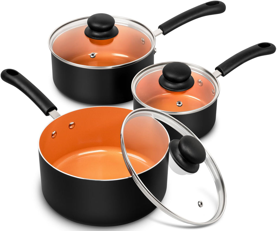 MICHELANGELO 1qt nonstick saucepan with lid for quick sautéing and easy release.