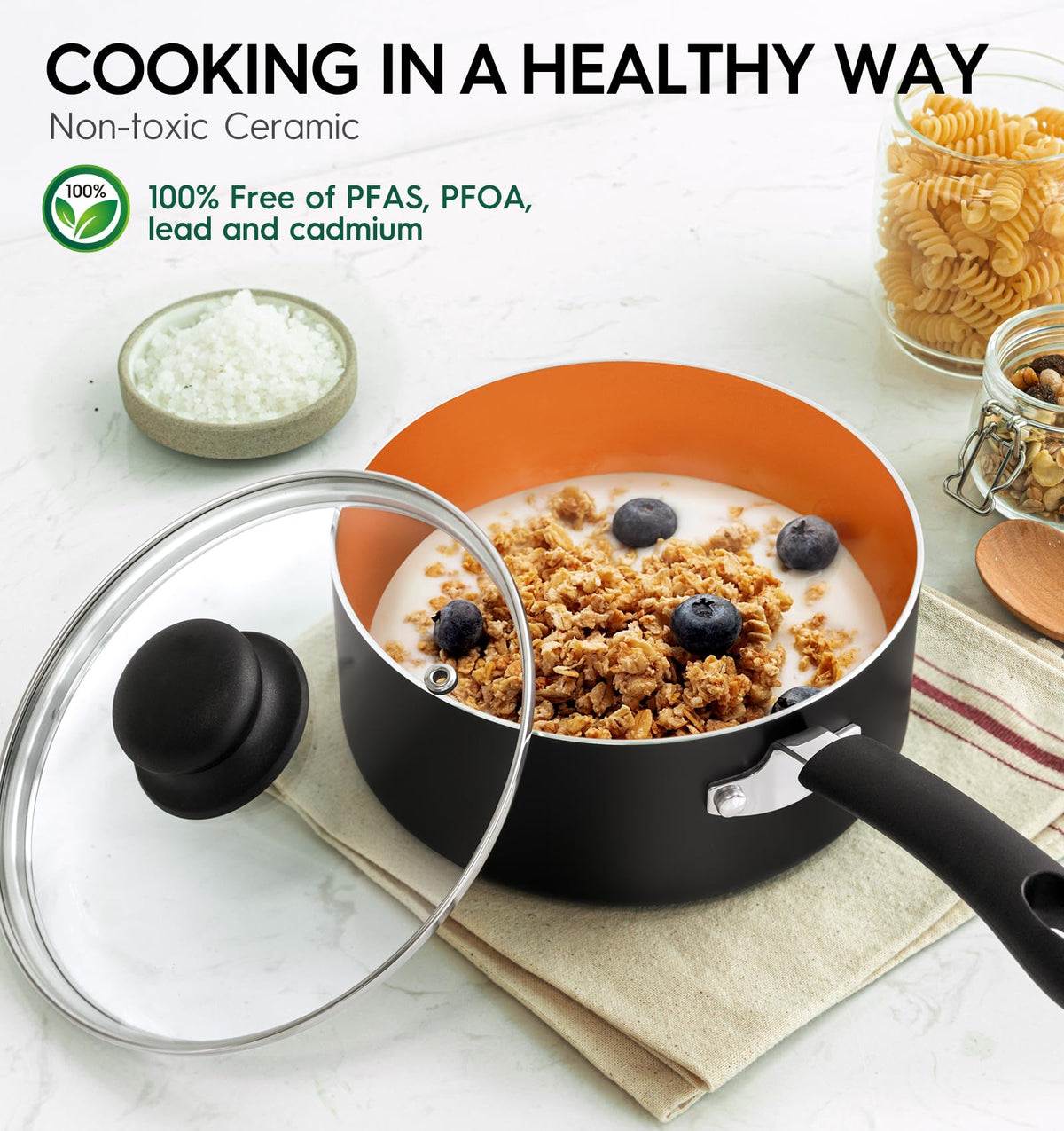 MICHELANGELO 2qt nonstick saucepan with lid ideal for sauces and soups.