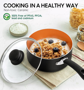 MICHELANGELO 2qt nonstick saucepan with lid ideal for sauces and soups.