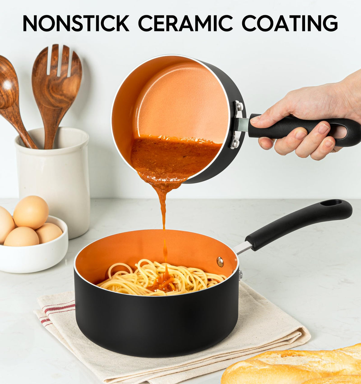 MICHELANGELO 3qt nonstick saucepan with lid for gravies and stews.