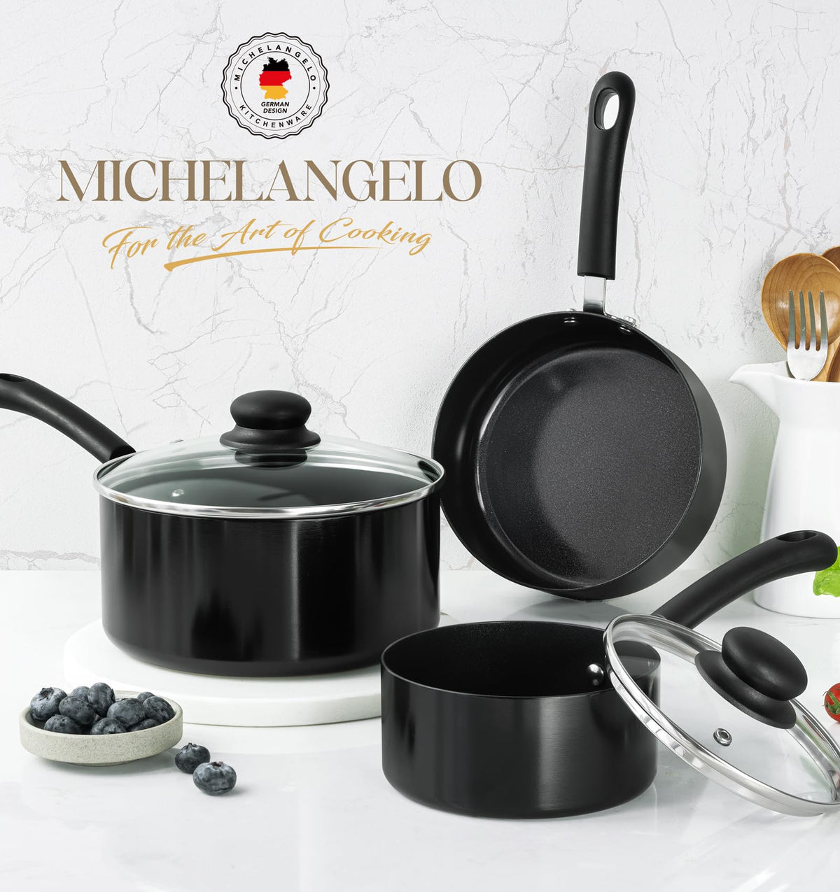 MICHELANGELO nonstick saucepan with dishwasher-safe label for easy cleanup.