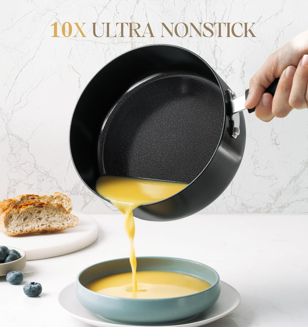 MICHELANGELO nonstick saucepan side view with a long cool handle for a safe grip.