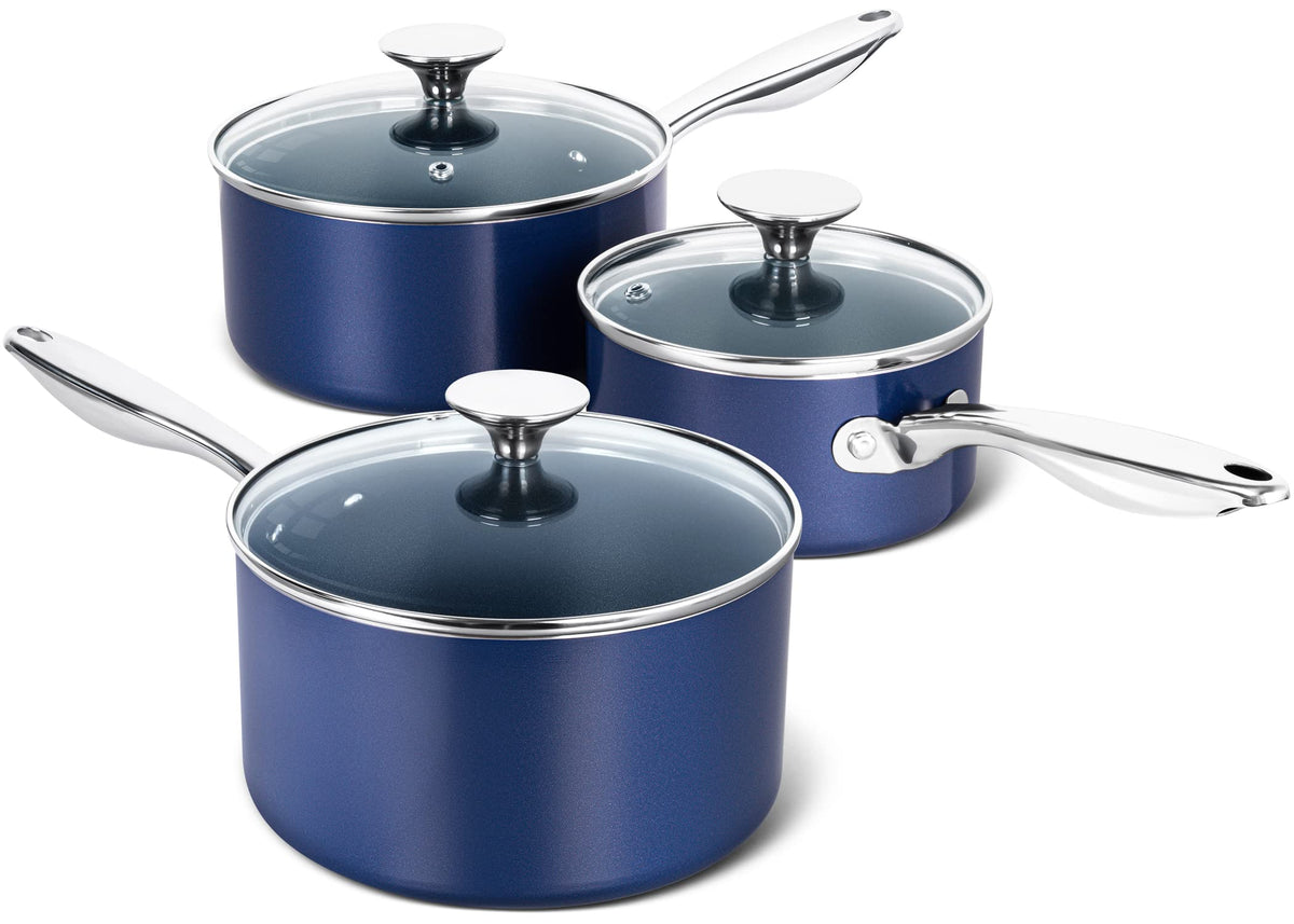 MICHELANGELO 1qt blue sauce pan exterior with lid, promotes quick heating and neat serving.