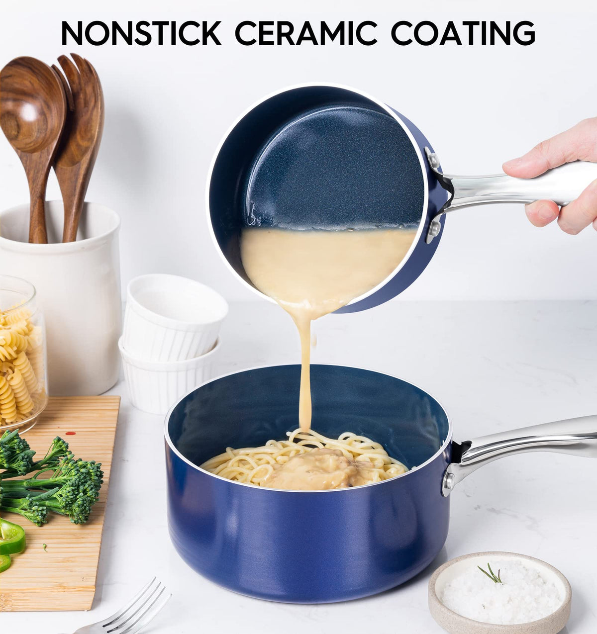 MICHELANGELO 2qt blue sauce pan exterior with lid, ideal for warming sauces and soups.