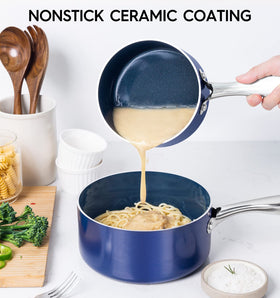 MICHELANGELO 2qt blue sauce pan exterior with lid, ideal for warming sauces and soups.