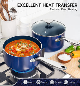 MICHELANGELO 3qt blue sauce pan exterior with lid, versatile for pasta and oatmeal.