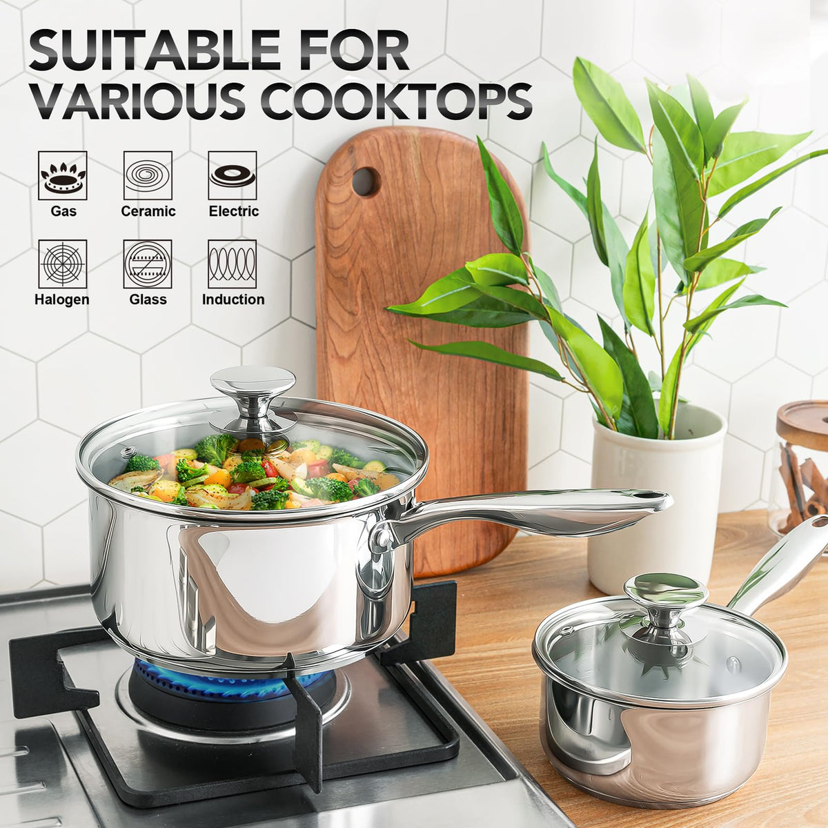 Michelangelo 2qt saucepan ideal for simmering sauces and grains.