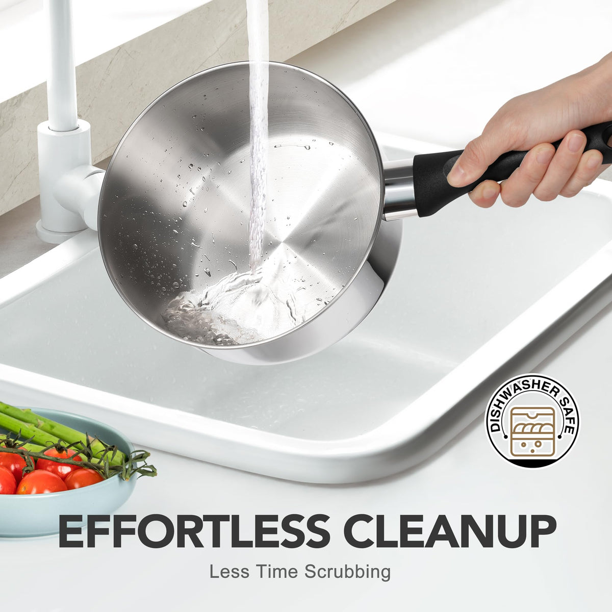 MICHELANGELO bakelite handle saucepan stays cool during cooking.