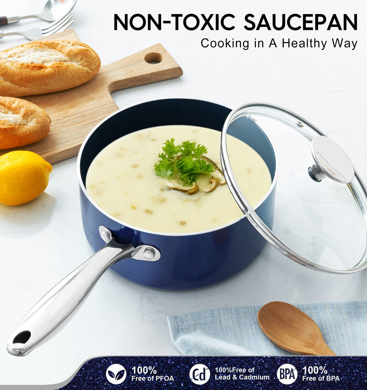 Michelangelo blue-lid saucepan safe for oven and versatile on stoves.