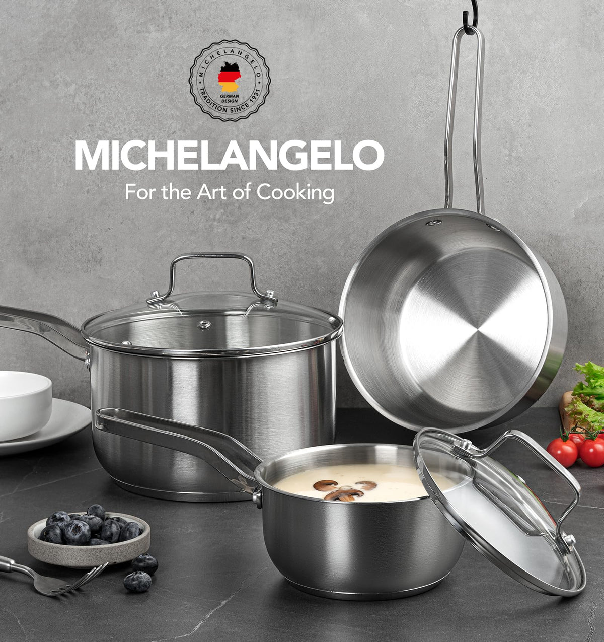Michelangelo brushed-finish saucepan resists staining and cleans easily