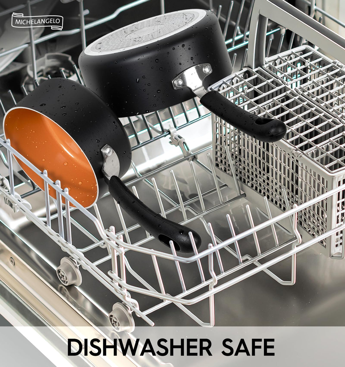 MICHELANGELO saucepan set is dishwasher-safe for simple cleanup.